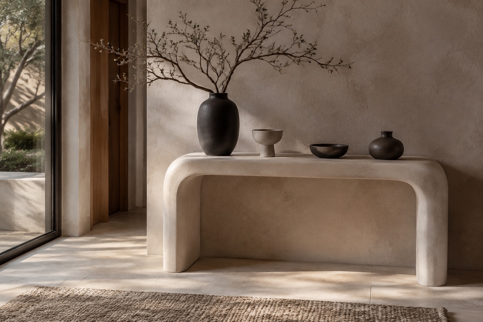 Curved microcement console with ceramics