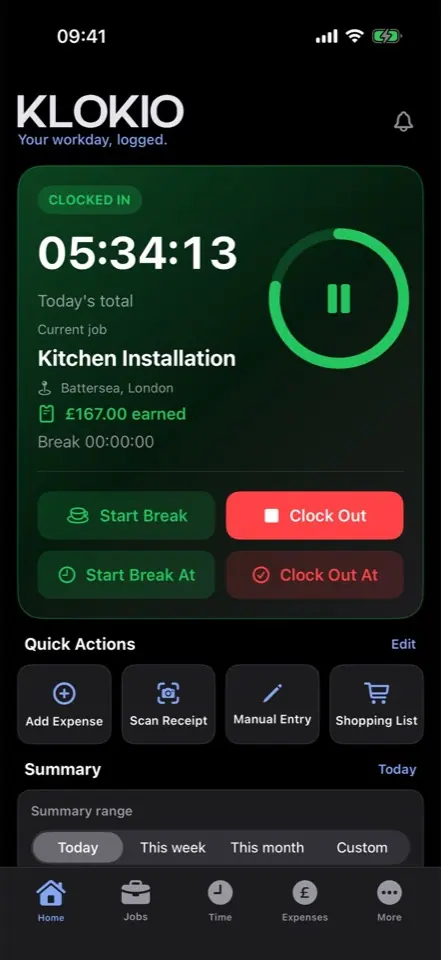 KLOKIO app: work timer and daily summary